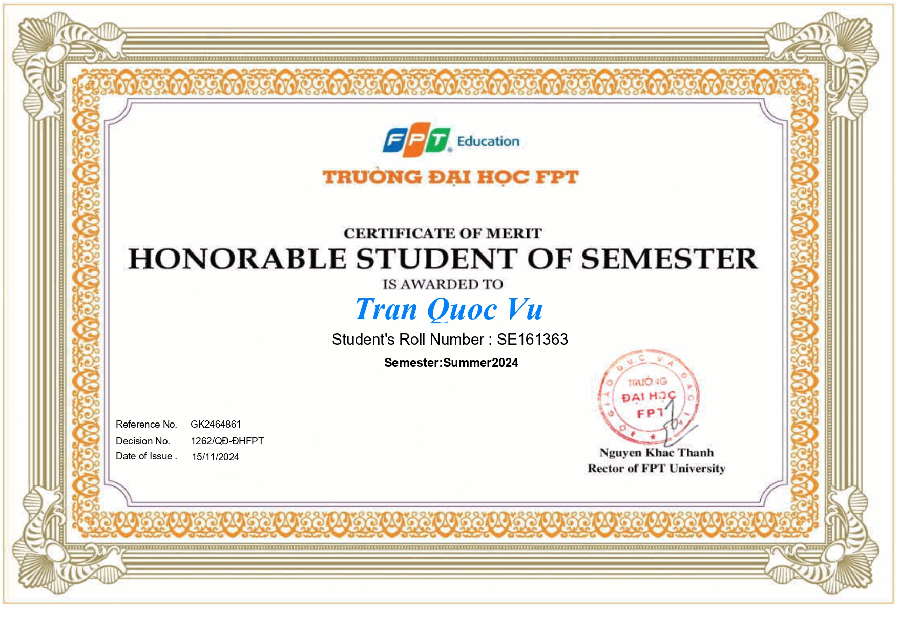 honorable student award summer 2024