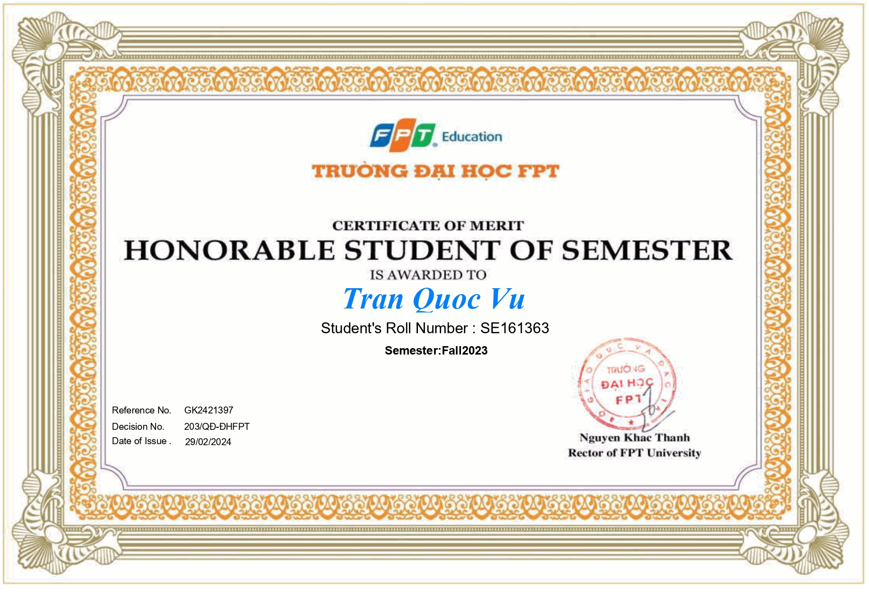 honorable student award fall 2023